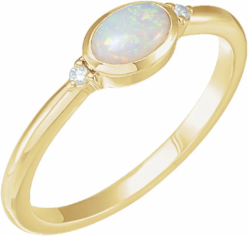 Ladies celebratory glow rings -14K Gold Natural White Ethiopian Opal & .03 CTW Natural Diamond Ring