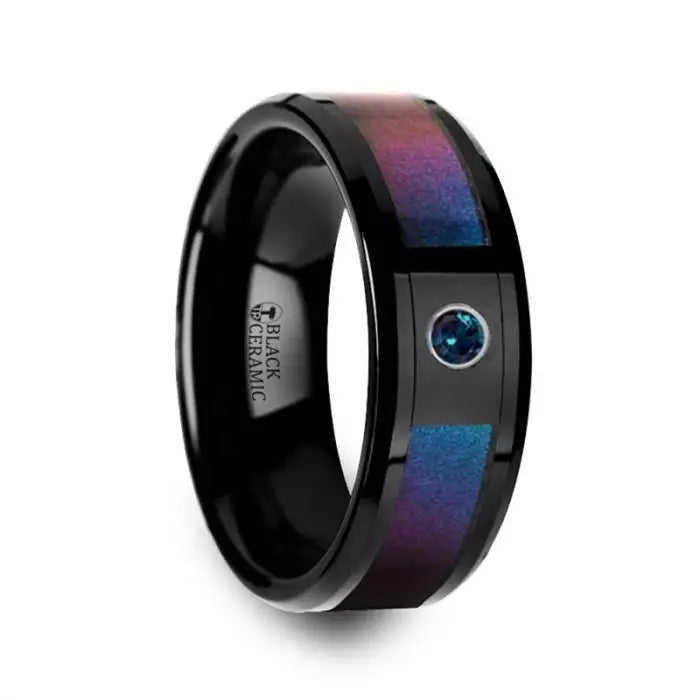 Ladies versatile fit rings -Thorsten KLEIN Black Ceramic Ring Blue & Purple Color Changing Inlay Alexandrite Setting - 8mm