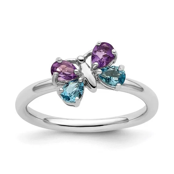 Ladies astral sign rings -Sterling Silver Stackable Expressions Blue Topaz & Amethyst Butterfly Ring