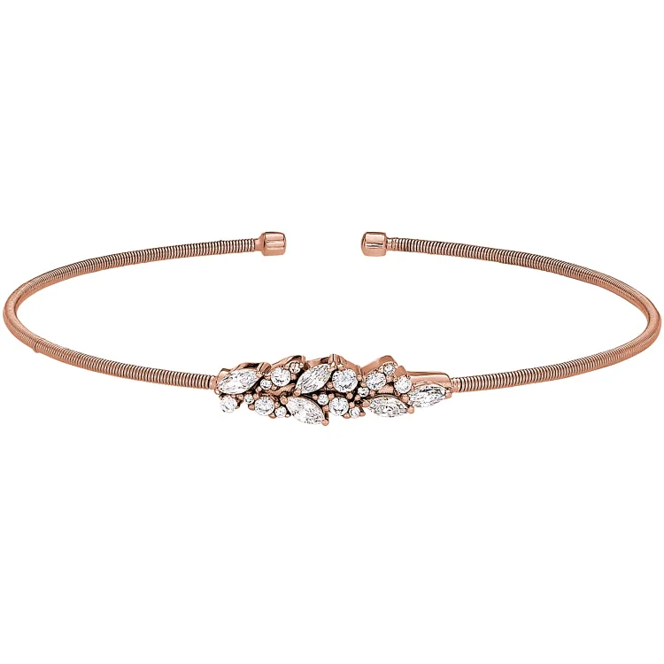 Ladies Bracelets for Music Spark-Rose Gold Finish Sterling Silver Cable Cuff Bracelet with Simulated Diamond Leaf Pattern