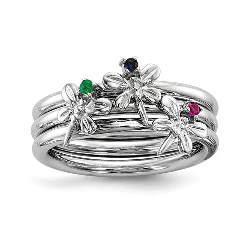 Ladies zodiac glow rings -Sterling Silver Blue Sapphire, Ruby and Emerald Dragonfly Set of 3 Rings