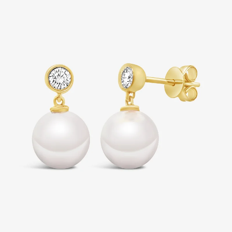 Ladies playful flair earrings -Bezel Diamond and Pearl Drop Earrings