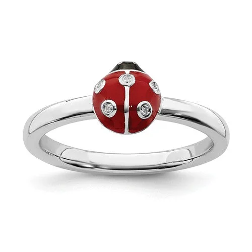 Ladies lightweight titanium rings -Sterling Silver Stackable Expressions Red & Black LadyBug Diamond Ring