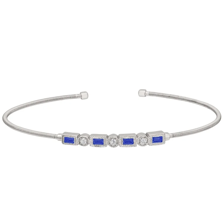 Ladies Bracelets with Milky Moonstone-Rhodium Finish Sterling Silver Cable Cuff Bracelet with Simulated Sapphires and Simulated Diamonds