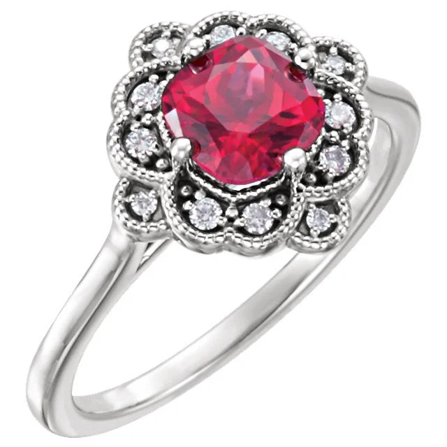 Ladies moody gothic rings -14k White Gold Cushion Lab Created Ruby & 1/10 CTW Diamond Floral Halo Ring