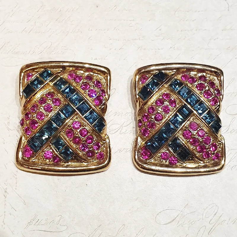 Ladies keepsake charm earrings -YSL Earrings Vintage Clip On Gold Pink Blue Crystal Sqaure