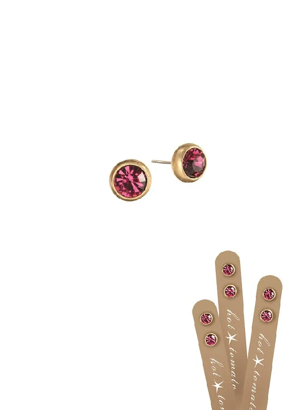 Ladies glass luster earrings -Hot Tomato Rub-Over Style Stud Earrings -  Worn Gold/Fuchsia