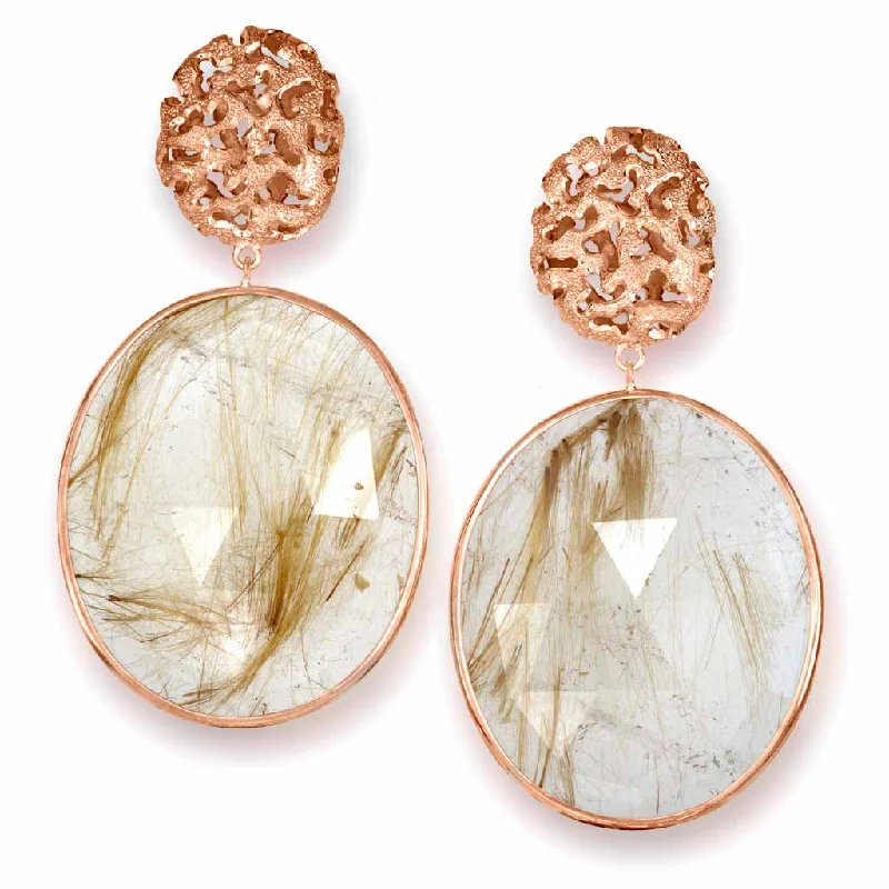 Ladies galactic flare earrings -Rose Gold Moneta Drop Earrings with Rutilated Quartz