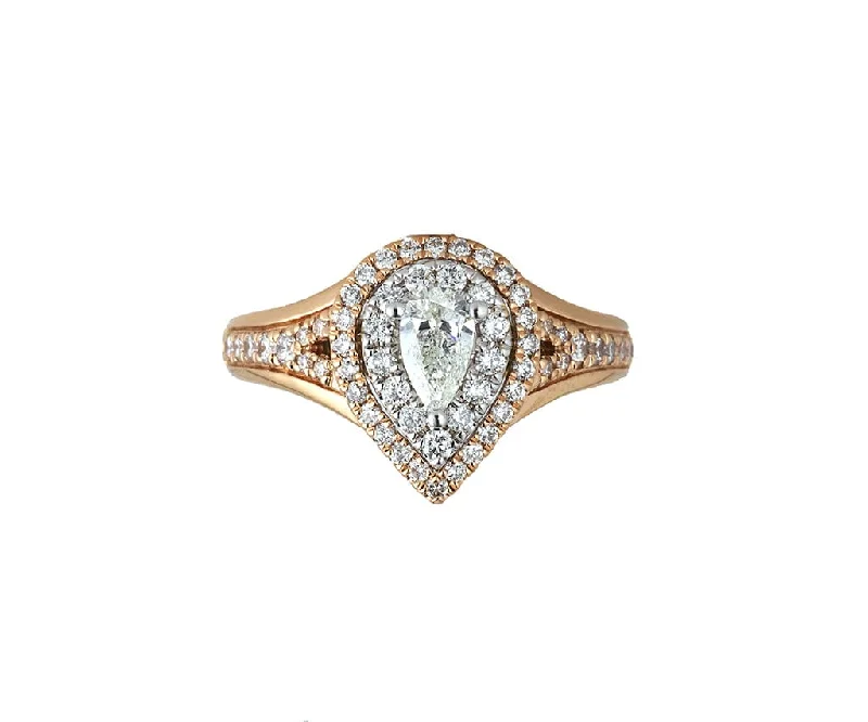 Peridot leaf engagement rings -1.00ctw Pear and Round Diamond Double Frame Engagement Ring in 14K