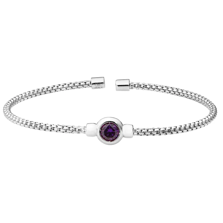 Ladies Bracelets with Grey Pollucite-Rhodium Finish Sterling Silver Rounded Box Link Cuff Bracelet with Bezel Set Simulated Amethyst Birth Gem