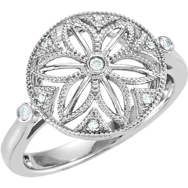 Ladies etched message rings -Sterling Silver .05 CTW Diamond Flower Ring