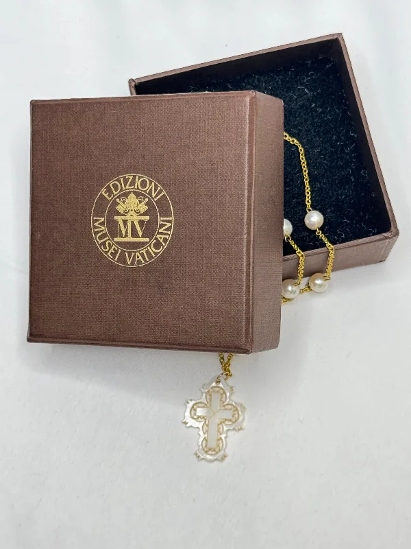 Ladies Necklaces with Compass Glow-Estate Collection - Necklace - Vatican Mother of Pearl and Gold Cross Necklace