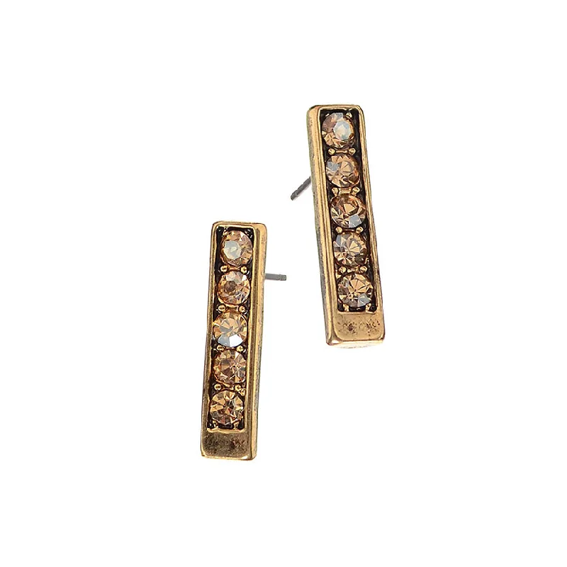 Ladies leaf cascade earrings -Hot Tomato Antique Gold Totem Studs with Five Champagne Crystals Earrings