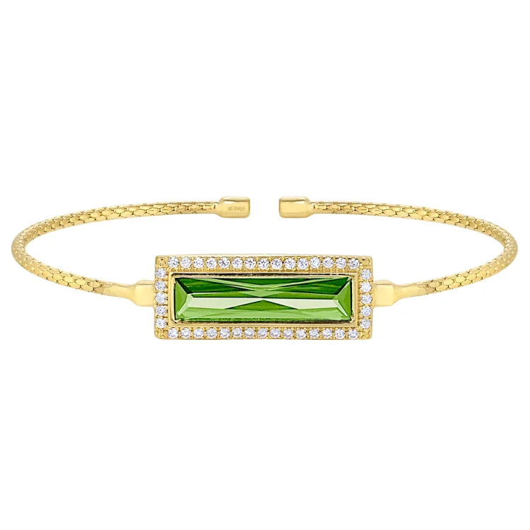 Ladies Bracelets for Doctor Spark-Gold Finish Sterling Silver Cable Cuff Bracelet with Rectangular Simulated Peridot Stone and Simulated Diamonds