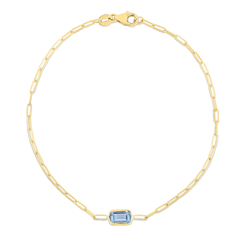 Ladies Bracelets with Orbit Charm-14K Blue Topaz Paperclip Bracelet