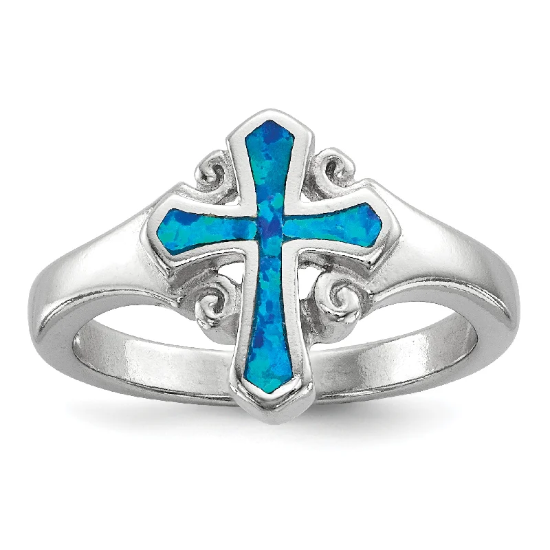 Ladies sacred cross rings -Sterling Silver Blue Created Opal Inlay Cross Ring