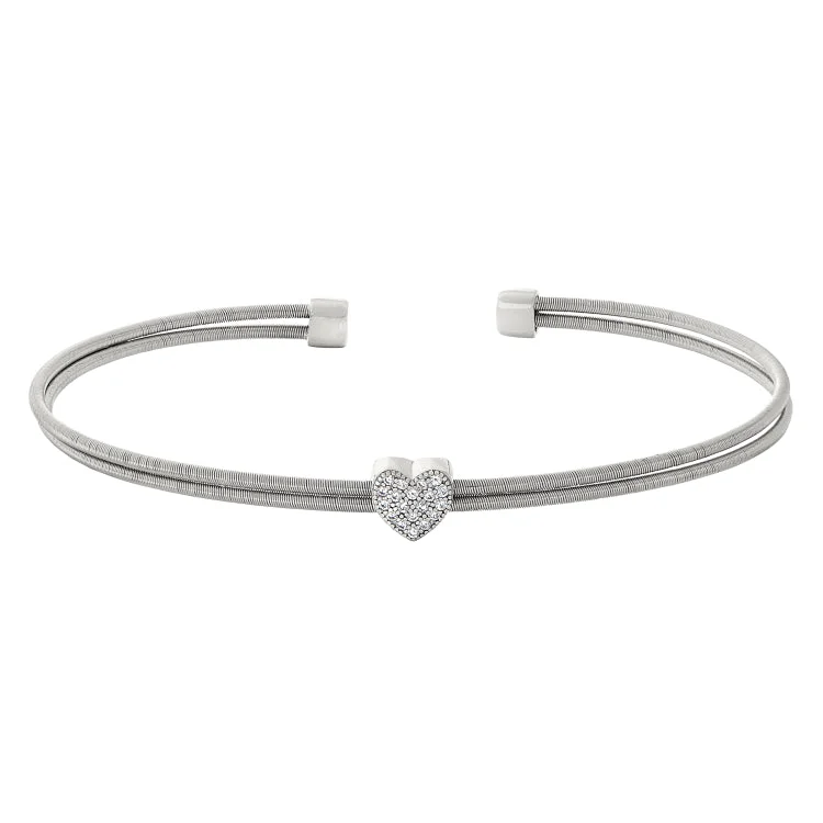 Ladies Bracelets Budget Shine-Rhodium Finish Sterling Silver Two Cable Cuff Bracelet with Simulated Diamond Heart