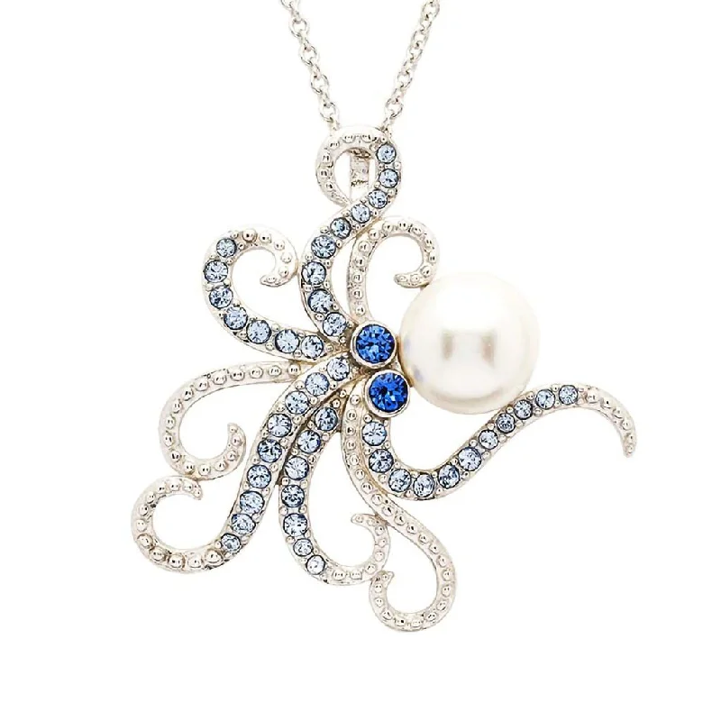 Ladies Necklaces Thin Spark-Ocean : Sterling Silver Pearl with Blue Crystal Octopus Necklace