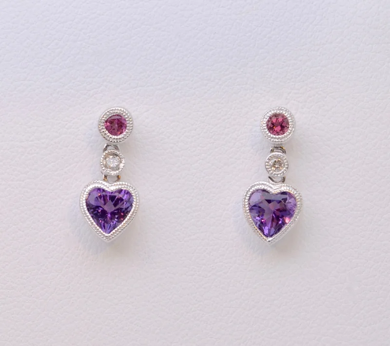 Ladies steampunk gear earrings -Pink Tourmaline/Amethyst Heart-Shaped Dangle Earrings in 14K White Gold