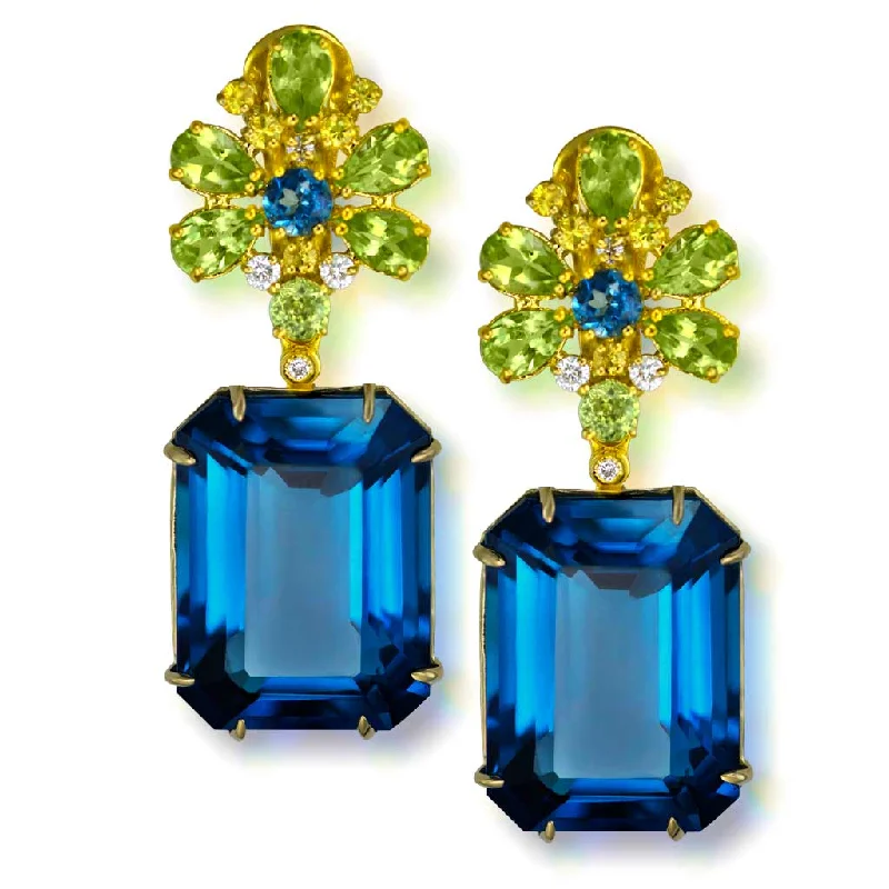 Ladies soaring bird earrings -Gold Blossom Earrings with London Blue Topaz