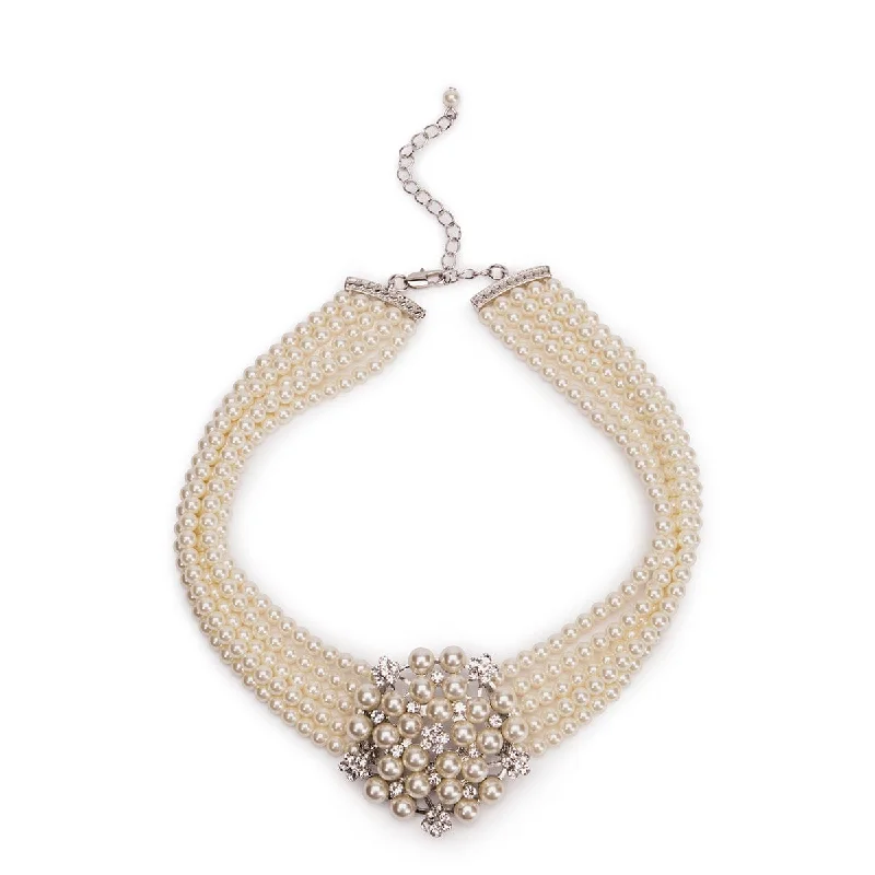 Ladies Necklaces for Holiday Spark-Audrey Hepburn Inspired Necklace: 5 Row Cream Glass Pearl Choker