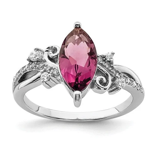 Ladies inspiring gleam rings -Sterling Silver Purple Glass Marquise Stone And CZ Ring