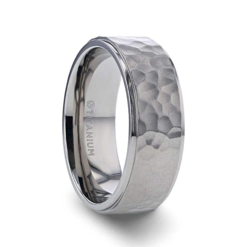 Ladies festive holiday rings -Thorsten MINISTER Titanium Ring with Raised Hammered Finish and Polished Step Edges - 8mm