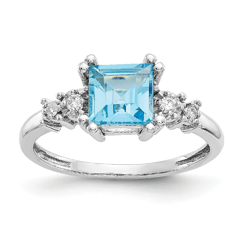 Ladies polished work rings -10k White Gold 6mm Square Princess Blue Topaz & Diamond Ring