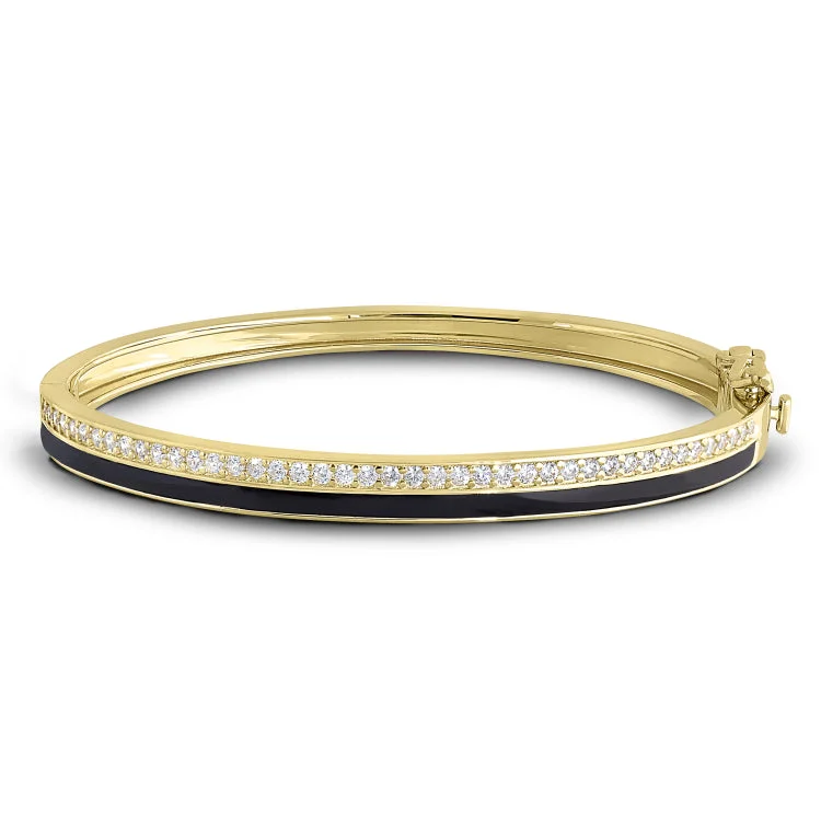 Ladies Bracelets for Bridal Glow-Gold Vermeil Sterling Silver Micropave Hinged Bangle Bracelet with with Black Enamel and Simulated Diamonds