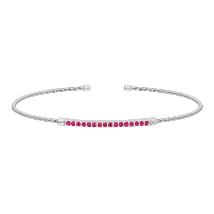 Ladies Bracelets Wide Glow-Rhodium Finish Sterling Silver Cable Cuff Bracelet with Simulated Ruby Birth Gems - July