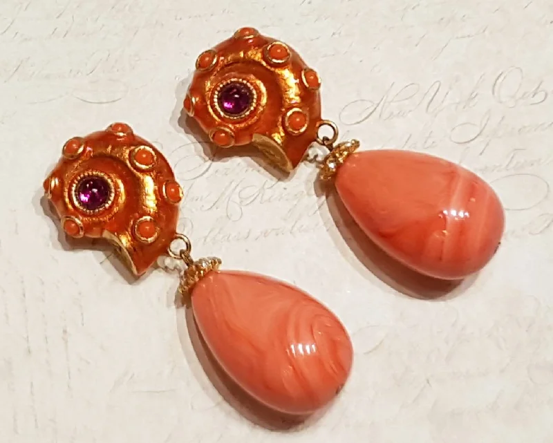 Ladies sandy coast earrings -Yosca Seahsell Earrings Clip on Pink Coral Orange Chandelier Vintage