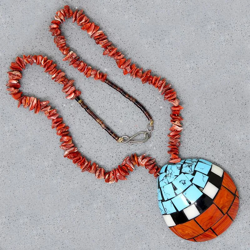 Ladies Necklaces with Sun Glow-Pueblo Inlay Shell Pendant on Shell Tab Necklace