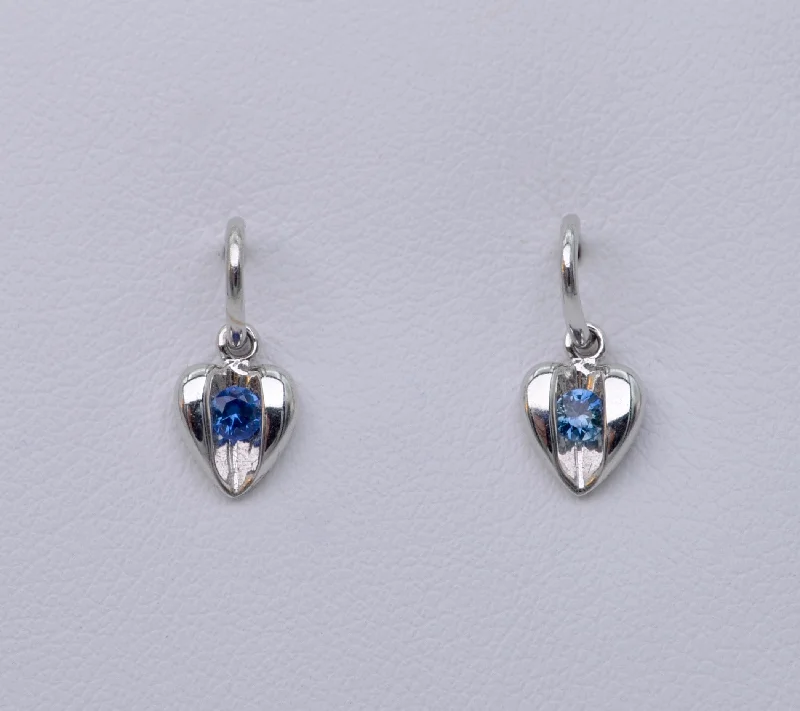 Ladies mermaid song earrings -14K White Gold Heart Earrings with Sapphire Sparkle