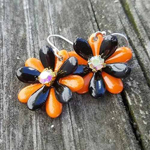 Ladies equine spirit earrings -Halloween Flower Earrings Black and Orange with AB Rhinestones