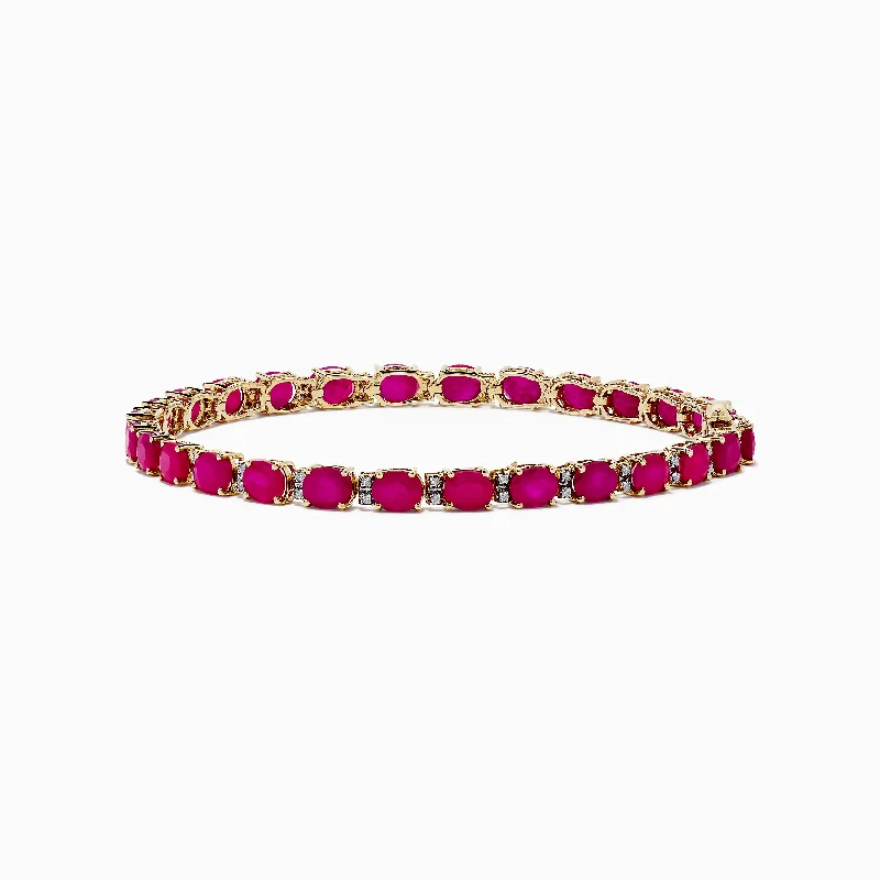 Ladies Bracelets with Cloud Shine-Ruby Royale 14K Yellow Gold Ruby and Diamond Tennis Bracelet, 12.19 TCW