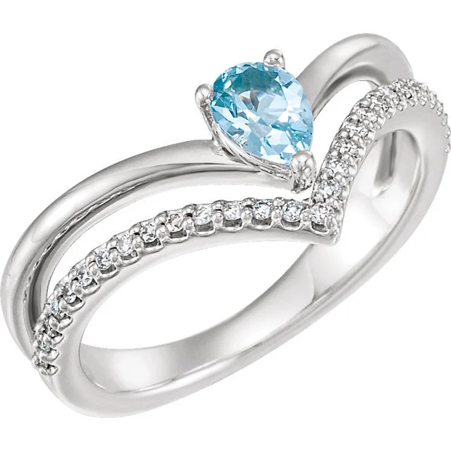 Ladies relaxed daily rings -14K White Yellow or Rose Gold Aquamarine Pear & 1/6 CTW Diamond Double V Ring