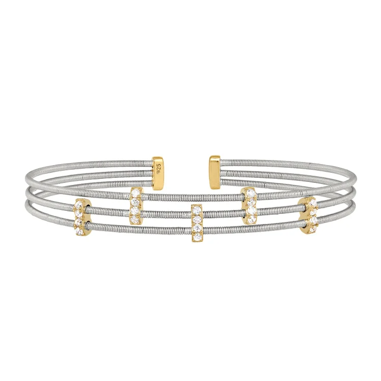 Ladies Bracelets for Bestie Spark-Rhodium Finish Sterling Silver Three Cable Cuff Bracelet with Gold Finish Simulated Diamond Five Small Vertical Bars