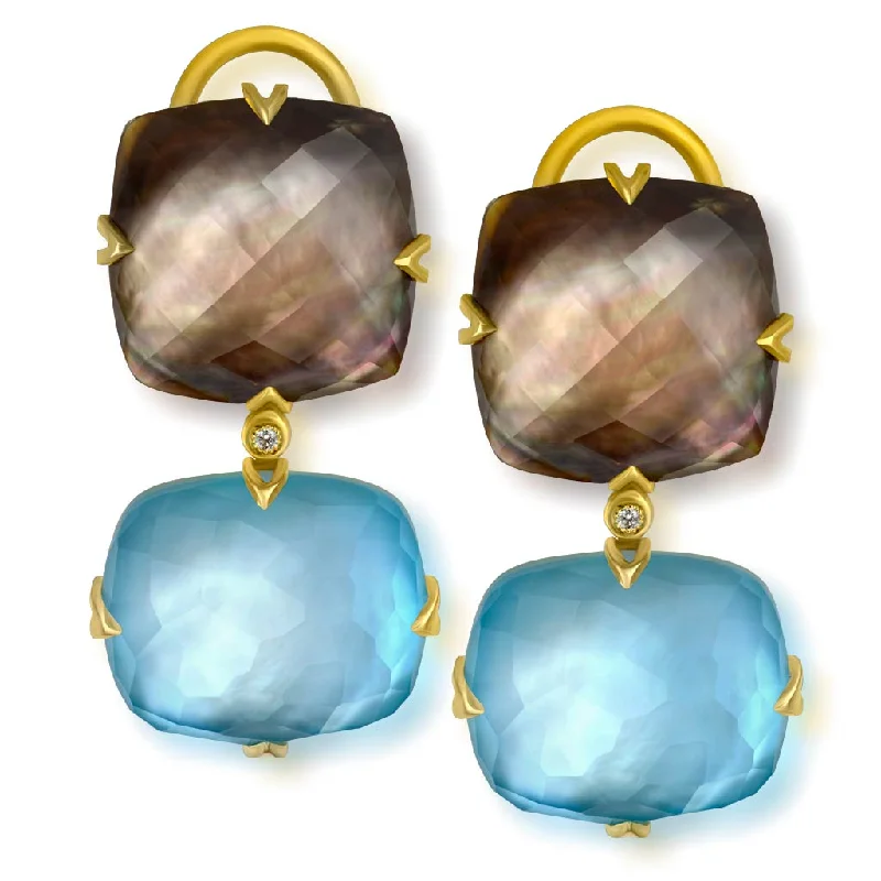 Ladies zodiac glow earrings -Gold Denim Drop Earrings with Mother Of Pearl & Diamonds