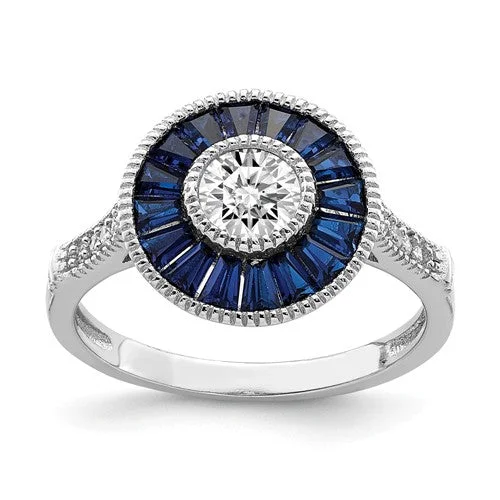 Ladies peaceful flow rings -Sterling Silver Created Blue Spinel And CZ Halo Ring