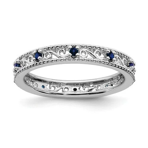 Ladies opulent gold rings -Sterling Silver Stackable Expressions Created Blue Sapphire Filigree Ring