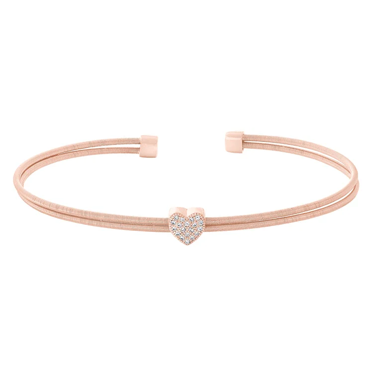 Ladies Bracelets with Anchor Shine-Rose Gold Finish Sterling Silver Two Cable Cuff Bracelet with Simulated Diamond Heart