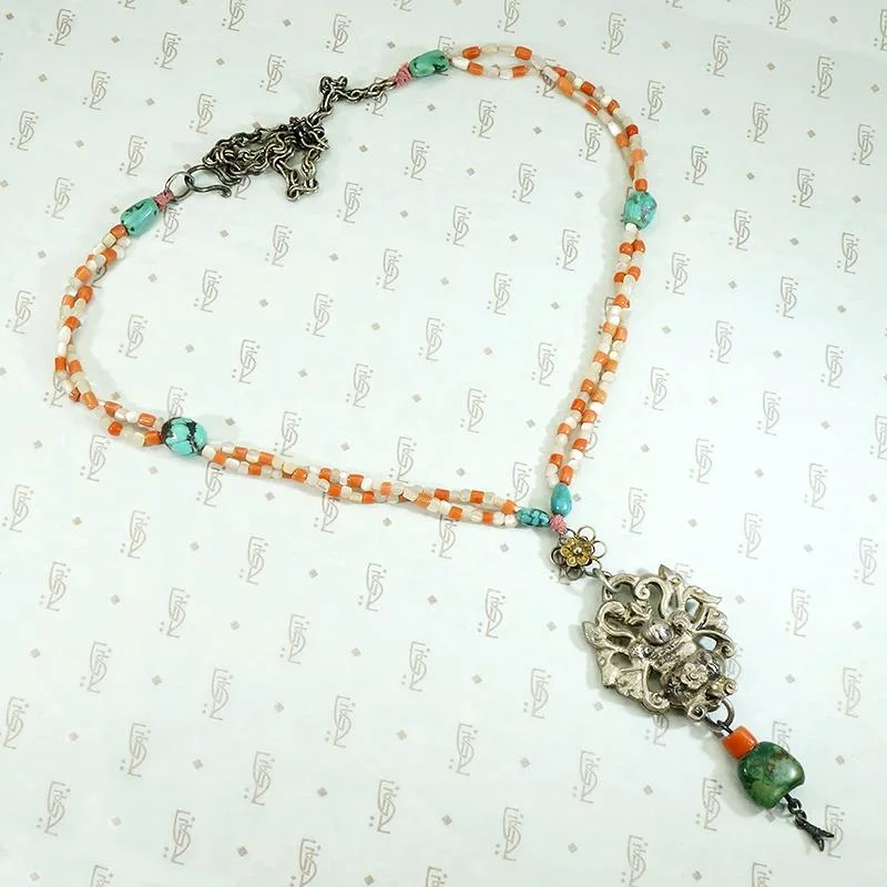 Ladies Necklaces with Coral Kornerupine-Qing Dynasty Silver Flower Basket Necklace on Beads