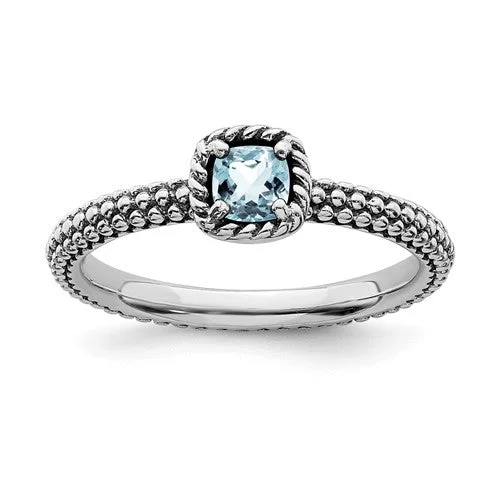 Ladies playful charm rings -Sterling Silver Stackable Expressions Checker-Cut Light Aquamarine Antiqued Ring