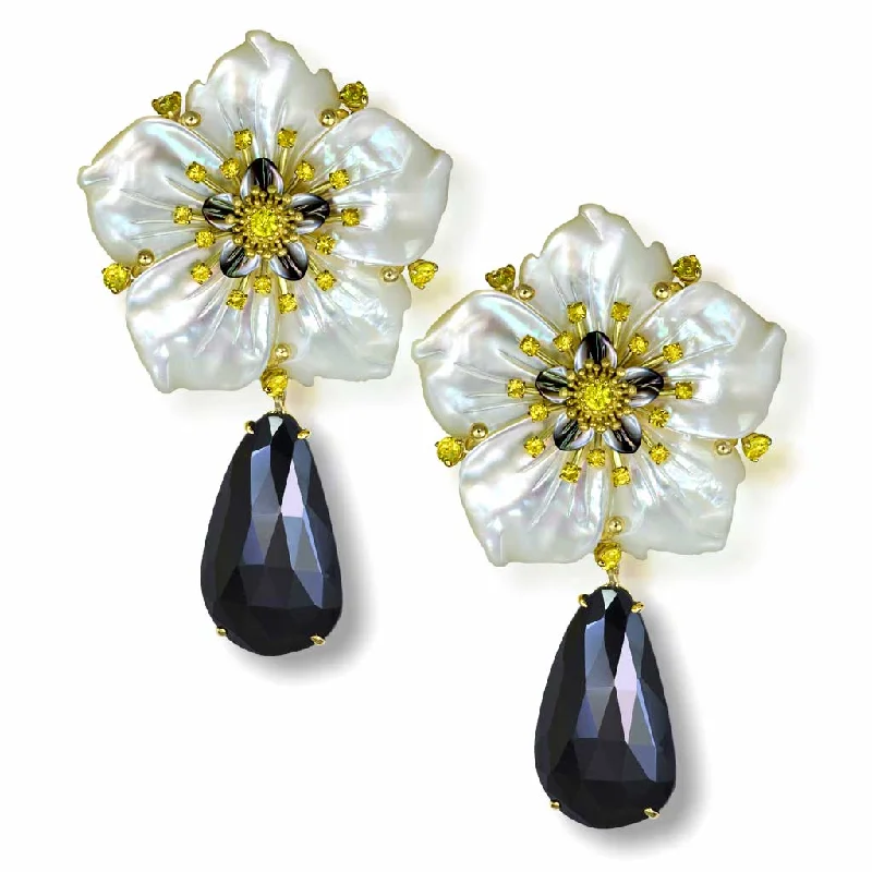 Ladies pristine white earrings -Gold Blossom Convertible Earrings with Carved Mother Of Pearl & Spinel