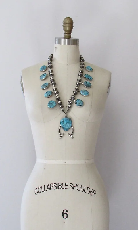 Ladies Necklaces with Anchor Spark-CHIMNEY BUTTE Navajo Silver and Turquoise Squash Blossom Necklace