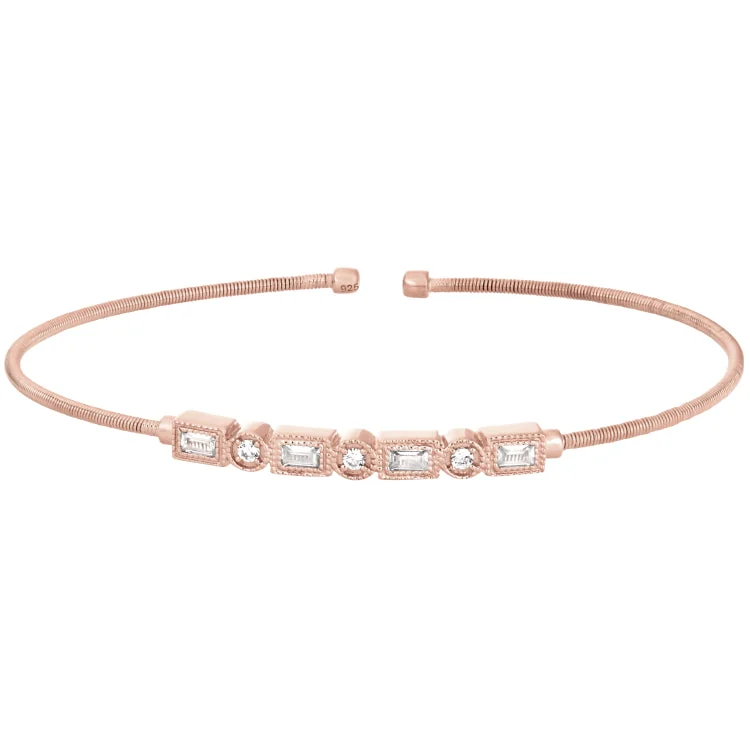 Ladies Bracelets for Photo Glow-Rose Gold Finish Sterling Silver Cable Cuff Bracelet with Simulated Diamond Emerald & Round Design