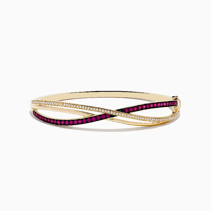 Ladies Bracelets with Red Pyroxmangite-Ruby Royale 14K Yellow Gold Ruby and Diamond Crossover Bangle