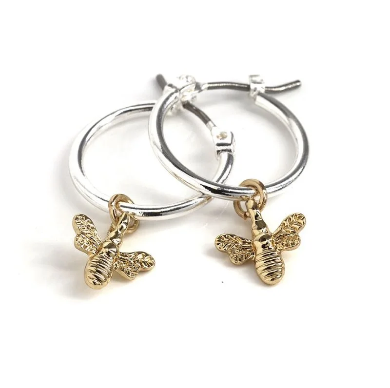 Ladies upscale gem earrings -Pom Silver Plated Hoop Earrings with Golden Bee Charm