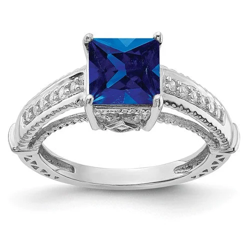 Ladies soft rose gold rings -Sterling Silver Lab-Created Blue Sapphire Square Princess & CZ Ring