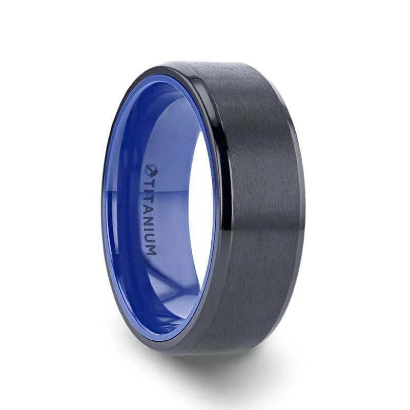 Ladies lively spirit rings -Thorsten CASTOR Beveled Edges Black Titanium Ring with Brushed Center and Vibrant Blue Inside - 8mm